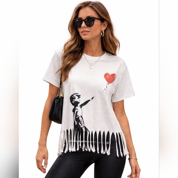 Gildan Tops - Gildan Bansky Art Girl With Ballon Fringe Short Sleeve Tee Black Red XL